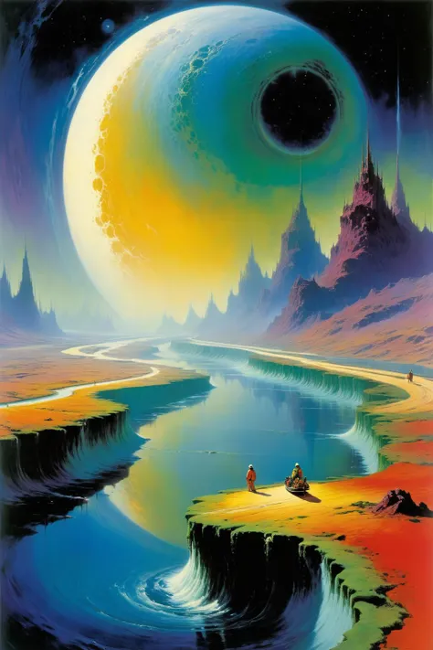John Berkey Style page,<lora:John Berkey Style:1>,
There is no road ahead,no land,
Strangely,the river is still flowing,crossing the void into the mysterious unknown,
The end of nothingness,a huge ripple,it is a kind of wave,and it is the law of time that lasts forever in that void,
At the end of the infinite void,there is a colorful world,very hazy and mysterious,and it cannot be seen clearly,but it is real,
And that's where the river goes,