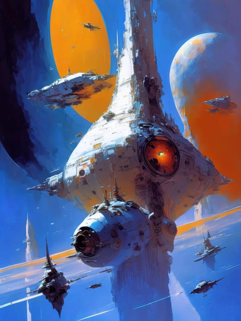 <lora:JohnBerkey:1>by John Berkey colorful space, organic spaceships, photorealistic space station, space traffic, celestial bodies, volumetric lighting, Syd Mead, Frank Frazetta, John Berkey, brutalism