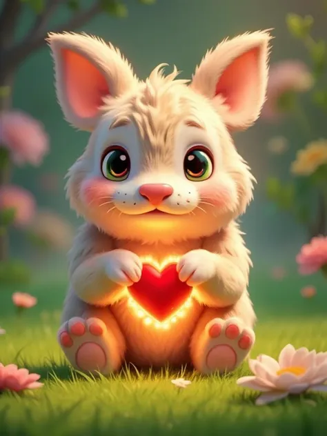 A fluffy, chubby creature with large, expressive ears and a long, cute nose, sitting on vibrant green grass. Its round, soft body and oversized features give it a lovable, anime-esque charm. The creature’s fur is detailed with gentle highlights, and it holds a glowing red heart in its tiny paws, gazing at it with big, sparkling anime eyes filled with warmth. The scene is framed in a soft, pastel color palette, with a magical glow surrounding the heart. The close-up shot emphasizes its adorable, rounded features, and the background has a dreamy, blurred effect, giving it a whimsical anime feel