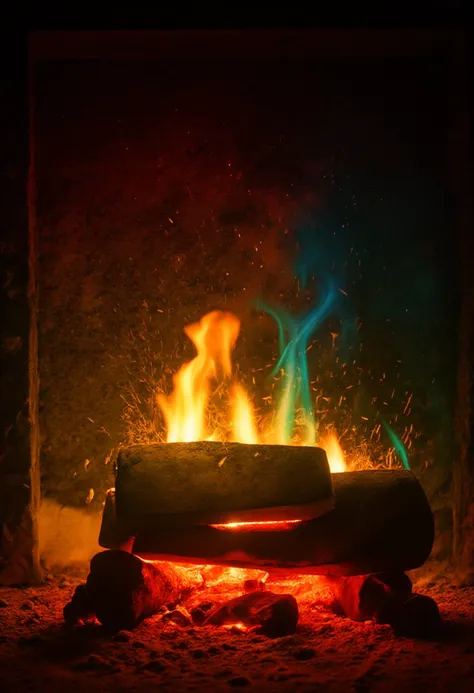 The scene depicts a cozy fireplace, its stone and brick structure warm and inviting. The flames within dance in vibrant hues, ranging from deep reds at the base to glowing oranges and yellows toward the tips. The fire crackles, illuminating the room with a soft flickering light, casting shadows on the nearby furniture. The colors of the flames reflect a magical quality, as if each hue has its own story to tell. Embers sparkle and rise gently into the chimney, adding to the serene yet lively atmosphere. grdntCE style