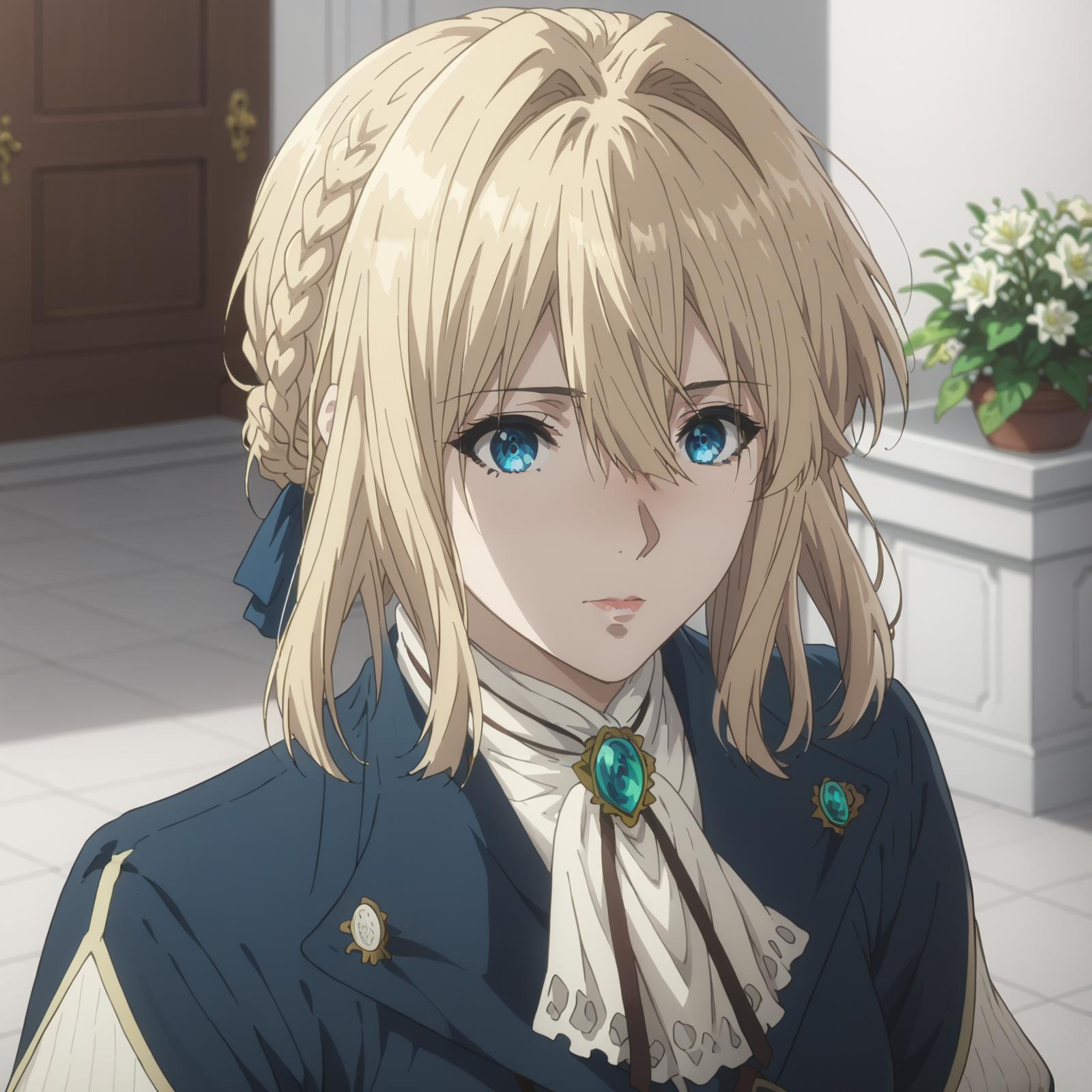 Anime girl with blonde hair and blue eyes in a blue dress - SeaArt AI