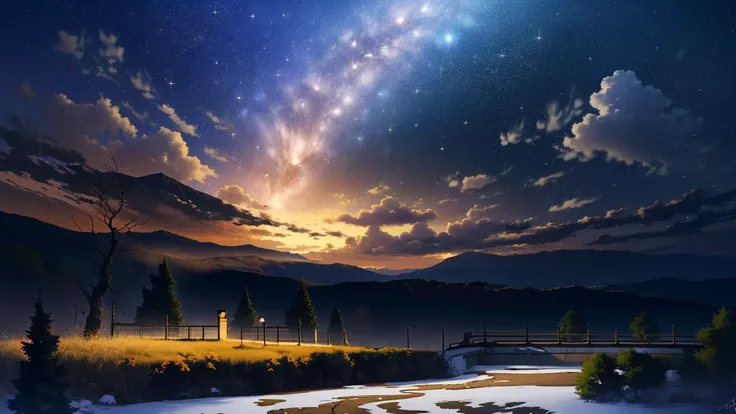 ((masterpiece:1.4,best quality)), cloud, outdoors, (snowy mountains), autumn glade , scenery, sky, (night:1.4), moon, moonlight, high detail, abundant, 8k, green,tree, high detail, wallpaper, <lora:mocha style:0.8>