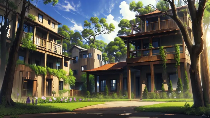 ((masterpiece:1.4,best quality)), mocha style, bare tree, bench, branch, building, bush, dappled sunlight, dated, day, fence, flower, foliage, forest, garden, grass, ivy, jungle, leaf, nature, no humans, outdoors, overgrown, palm tree, park, path, plant, potted plant, road, scenery, sunlight, tree, tree shade, vines, water, wisteria <lora:mocha style:0.8>