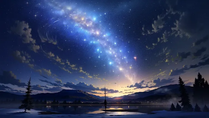 ((masterpiece:1.4,best quality)), cloud, outdoors, (snowy mountains), autumn glade , scenery, sky, (night:1.4), moon, moonlight, high detail, abundant, 8k, green,tree, high detail, wallpaper, <lora:mocha style:0.8>