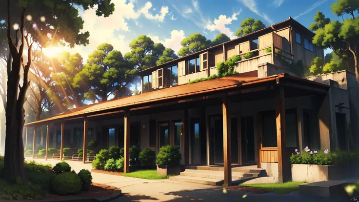 ((masterpiece:1.4,best quality)), mocha style, bare tree, bench, branch, building, bush, dappled sunlight, dated, day, fence, flower, foliage, forest, garden, grass, ivy, jungle, leaf, nature, no humans, outdoors, overgrown, palm tree, park, path, plant, potted plant, road, scenery, sunlight, tree, tree shade, vines, water, wisteria <lora:mocha style:0.8>