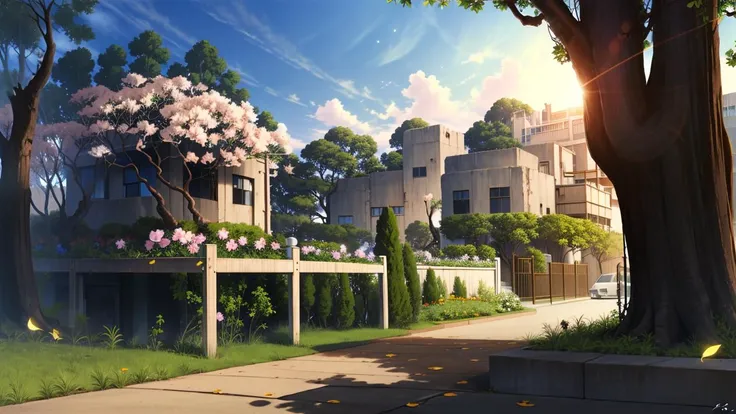((masterpiece:1.4,best quality)), mocha style, bare tree, bench, branch, building, bush, dappled sunlight, dated, day, fence, flower, foliage, forest, garden, grass, ivy, jungle, leaf, nature, no humans, outdoors, overgrown, palm tree, park, path, plant, potted plant, road, scenery, sunlight, tree, tree shade, vines, water, wisteria <lora:mocha style:0.8>