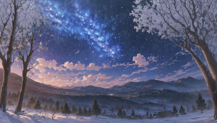 ((masterpiece:1.4,best quality)),  cloud,   outdoors,  forest
(snowy mountains), autumn glade
, scenery,  sky,
(night:1.4),  nightsky,  moon,  moonlight,  high detail, abundant, 8k, green,tree, high detail,   wallpaper,
 <lora:mocha style:0.8>