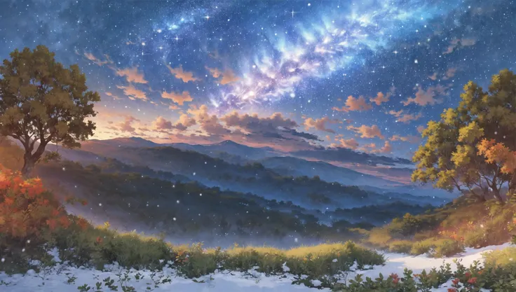 ((masterpiece:1.4,best quality)), cloud, outdoors, forest
(snowy mountains), autumn glade
, scenery, sky,
(night:1.4), nightsky, moon, moonlight, high detail, abundant, 8k, green,tree, high detail, wallpaper,
<lora:mocha style:0.8>