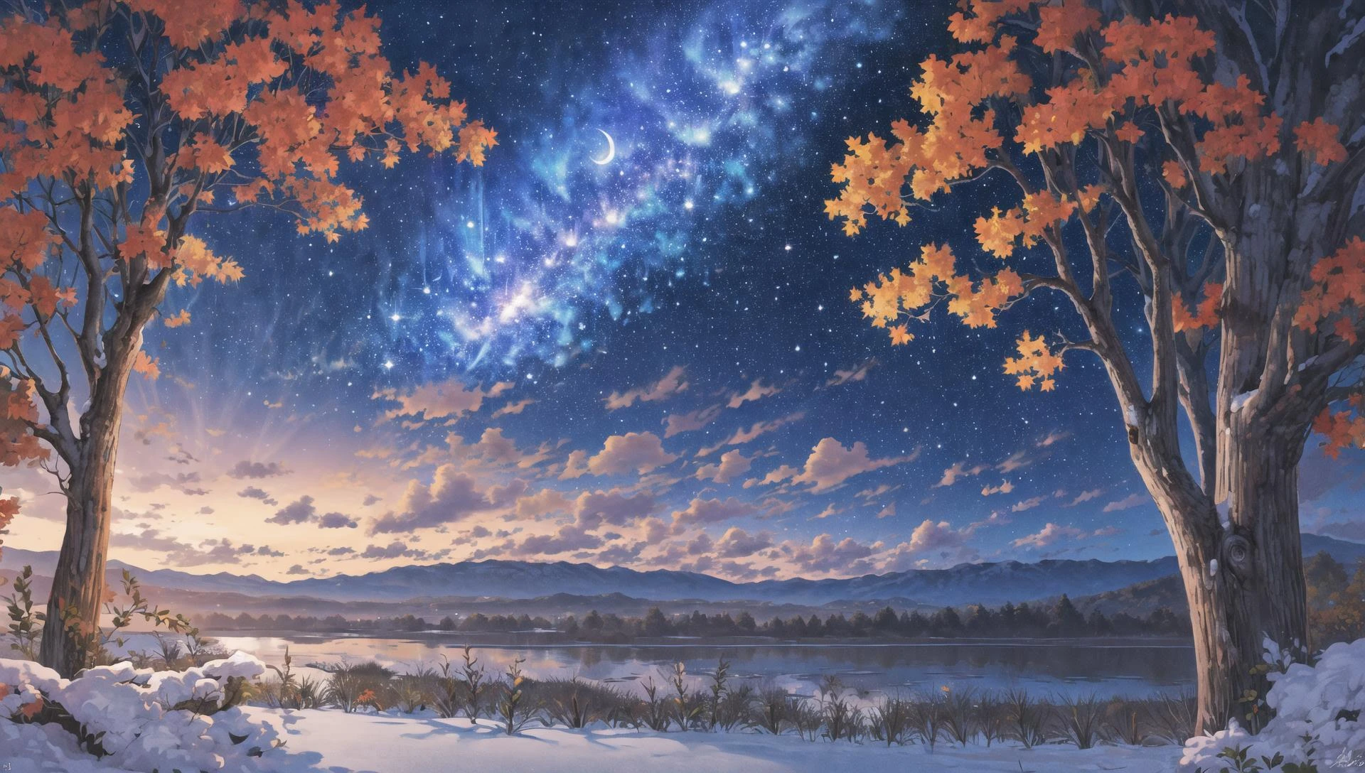 ((masterpiece:1.4,best quality)), cloud, outdoors, forest
(snowy mountains), autumn glade
, scenery, sky,
(night:1.4), nightsky, moon, moonlight, high detail, abundant, 8k, green,tree, high detail, wallpaper,
<lora:mocha style:0.8>