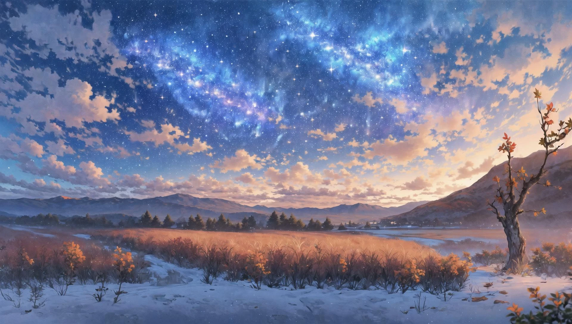 ((masterpiece:1.4,best quality)), cloud, outdoors, forest
(snowy mountains), autumn glade
, scenery, sky,
(night:1.4), nightsky, moon, moonlight, high detail, abundant, 8k, green,tree, high detail, wallpaper,
<lora:mocha style:0.8>