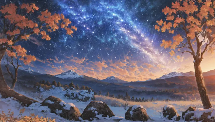 ((masterpiece:1.4,best quality)),  cloud,   outdoors,  forest
(snowy mountains), autumn glade
, scenery,  sky,
(night:1.4),  nightsky,  moon,  moonlight,  high detail, abundant, 8k, green,tree, high detail,   wallpaper,
 <lora:mocha style:0.8>