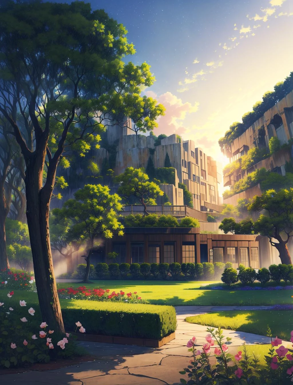 ((masterpiece:1.4,best quality)), beautiful scenery, outdoors, morning sun, large green meadow, serene, misty, trees,wallpaper, highly detailed, 4k, mocha style, raikoart, vincent van gogh, <lora:mocha style:0.8>