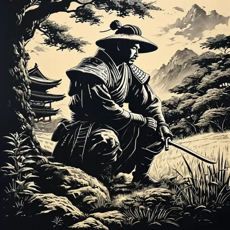 impactful color paint of a Samurai in a classic pose in a garden  <lora:Linocut_Style:1>,    highly detailed,  vibrant colors , 8k,   sharp,  professional, clear,   high contrast, high saturated, , vivid deep blacks, crystal clear