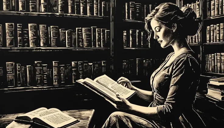 impactful paint of a woman reading a book in a library ,    highly detailed,  vibrant colors , 8k,   sharp,  professional, clear,   high contrast, high saturated, , vivid deep blacks, crystal clear <lora:Linocut_Style:1>