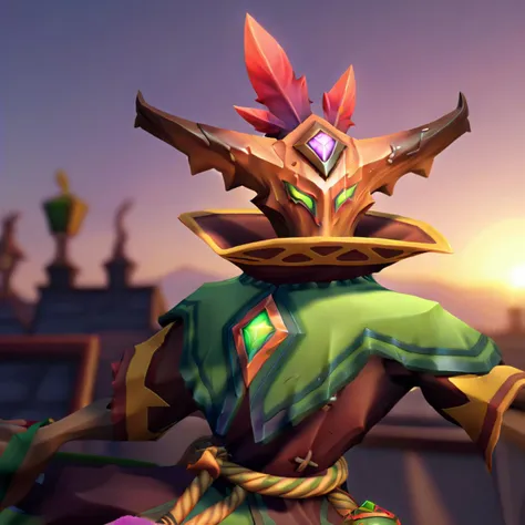 4k, dslr, a stylistic render of the video game character, maldamba, on a rooftop against a sunset,  <lora:damba-000024:1>, lens flare , hdr