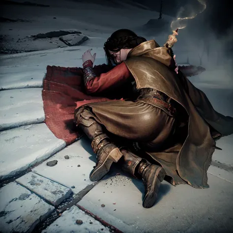 1girl, solo, Serana, black_hair, braid, cape, corset, medieval, vampire, boots, eyes closed, <lora:Serana_5_10:0.9>,
torn clothes, piece of armor and torn clothes debris, defeated, back view, looking down, back facing, yamchapose, (lying, face down, on the ground:1.2), smoke, round crater, snowy ground, (forest floor:0.4), snow, <lora:concept_yamchapose:0.9>,
(masterpiece, best quality:1.0), (overhead lighting, cinematic look, cinematic lighting:1.0), (full details, hyper detailed, FHD, 4K, 8K, high definition, intricate:1.0)