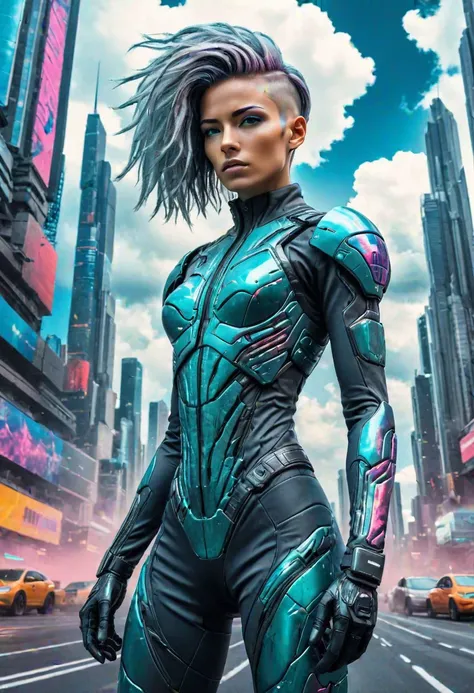 elegant cinematic action pose, intricately detailed glitch art stillsuit,  petite athletic figure, magnificent clouds, epic vibrant futuristic megacity, captivating eye contact, undercut hair,  style of Duncan Fegredo, style of Piotr Foksowicz, style of Eddie Mendoza,SimpleNegativeV3,