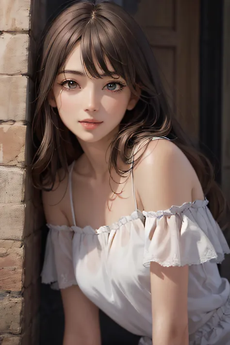 Best quality, masterpiece, ultra high res, (photorealistic:1.4), raw photo, 1girl, offshoulder, in the dark, deep shadow, beautiful face, detailed eyes, smile,