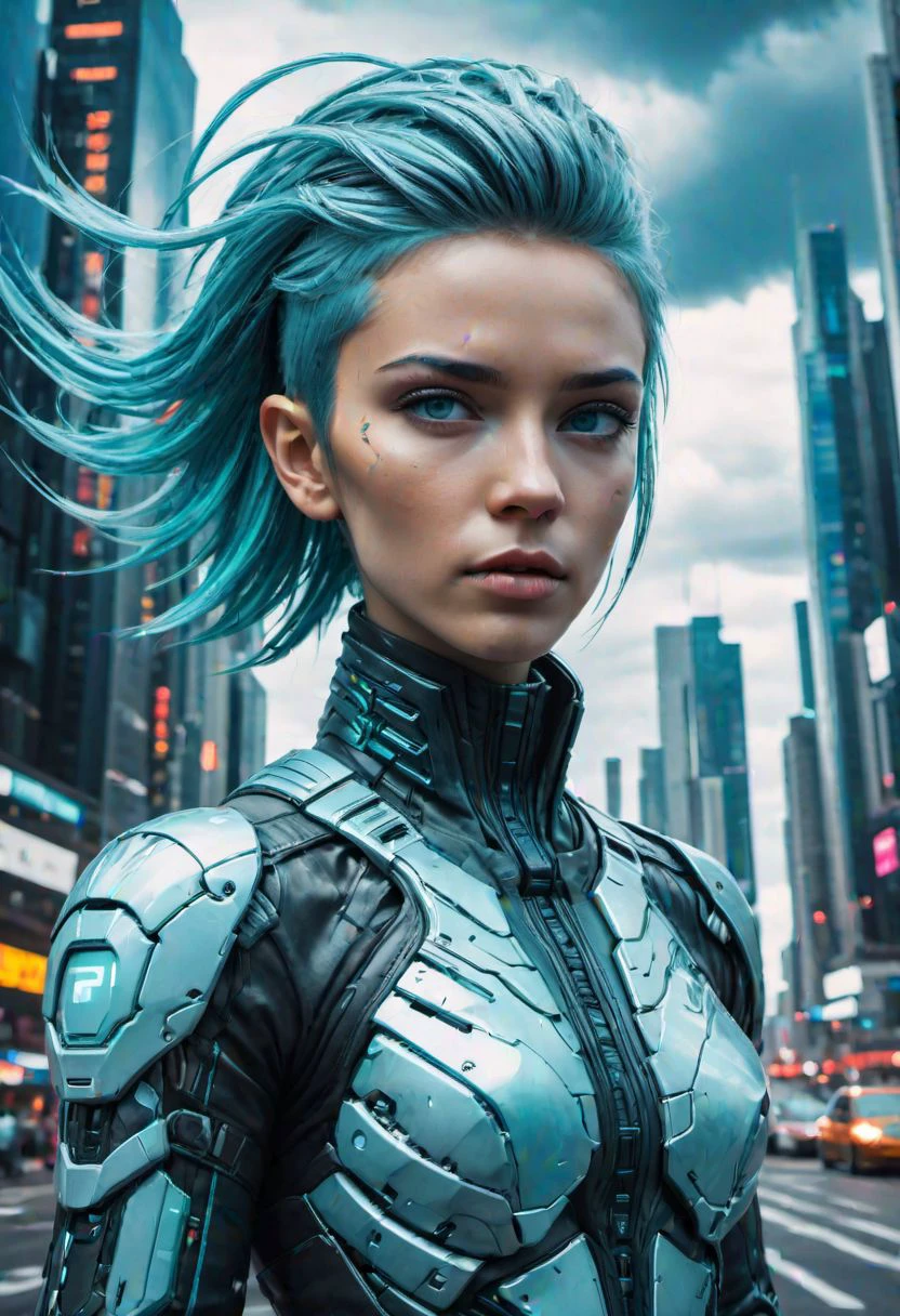 elegant cinematic action pose, intricately detailed glitch art stillsuit, petite athletic figure, magnificent clouds, epic vibrant futuristic megacity, captivating eye contact, undercut hair, style of Duncan Fegredo, style of Piotr Foksowicz, style of Eddie Mendoza,SimpleNegativeV3,