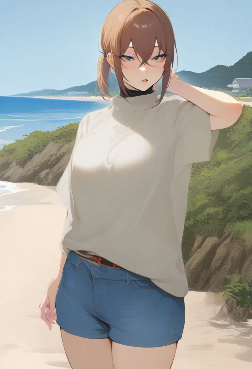 1girl, solo, artist:
ikuchan kaoru
, brown hair, blue denim mini shorts, beach, Hot tourist,