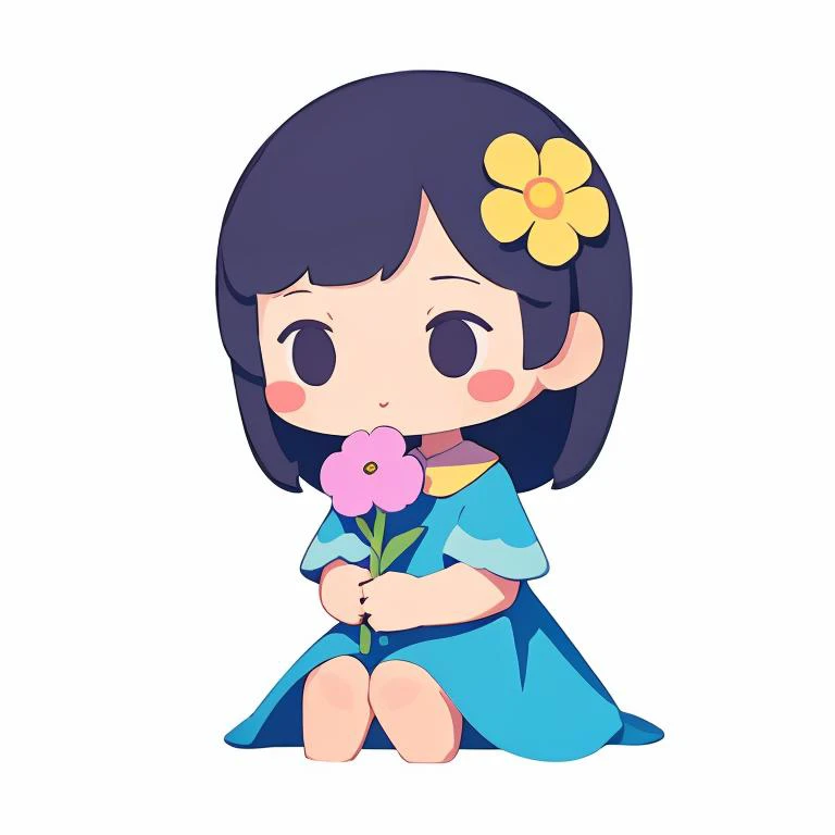 <lora:cute_blindbox_v2:0.3>,blindbox,1girl,solo,sitting,flower,blush stickers,holding flower,White background,<lora:Vector_illustration_V2:0.8> vector illustration,