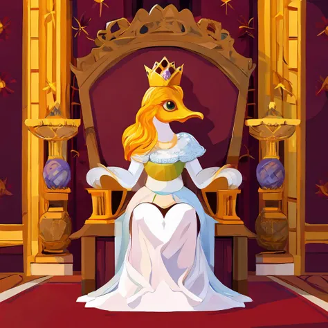 A portrait photo of a duck princess in a royal room, sitting on a wooden throne. <lora:Vector_illustration_V2:1> vector illustration