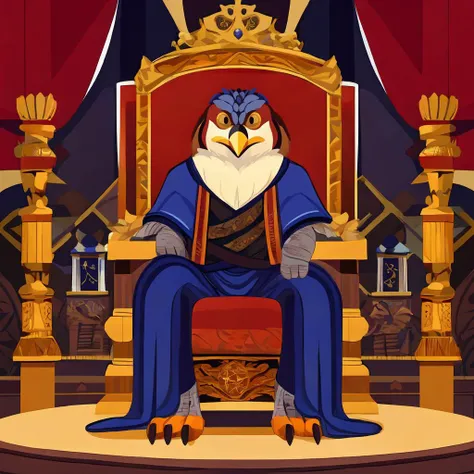 A portrait photo of a hawk king in a royal room, sitting on a wooden throne.  <lora:Vector_illustration_V2:1> vector illustration