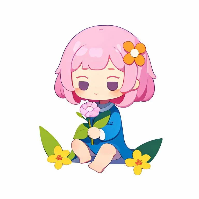 <lora:cute_blindbox_v2:0.3>,blindbox,1girl,solo,sitting,flower,blush stickers,holding flower,White background,<lora:Vector_illustration_V2:0.8> vector illustration,