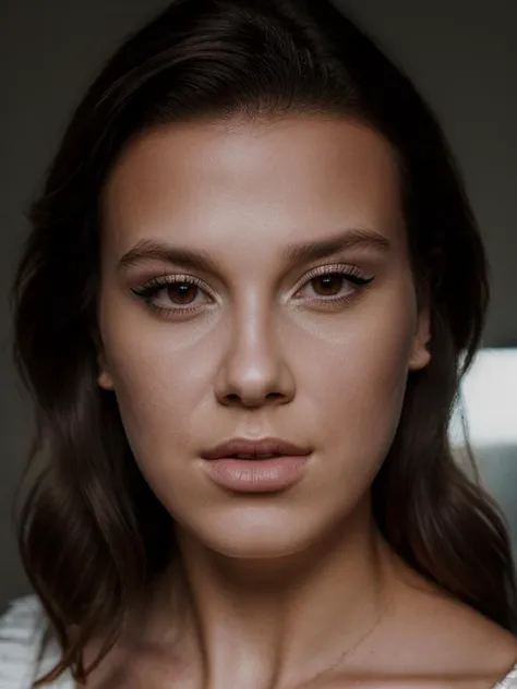 Realistic photo of a beautiful M1ll13bb-v1 woman, 1girl, solo, looking at viewer, brown hair, brown eyes, lips, eyelashes, makeup, portrait, close-up, realistic, nose, soft lighting, professional Photography, Photorealistic, detailed, RAW, analog, sharp focus, 8k, HD, high quality, masterpiece<lora:M1ll13bb-v1:1.0>