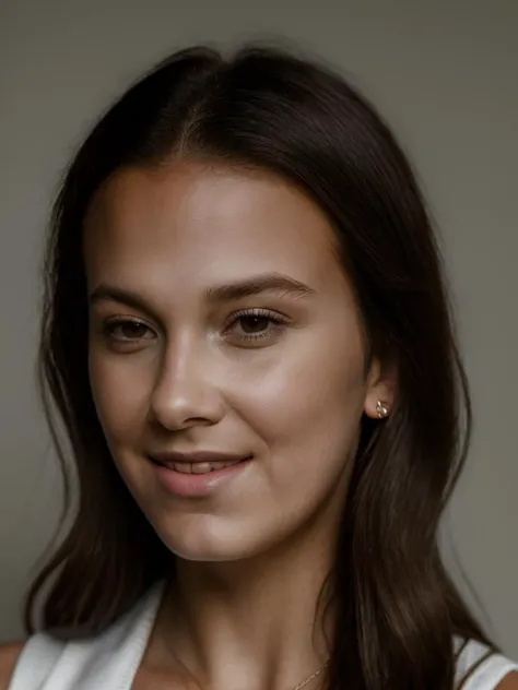 Realistic photo of a beautiful M1ll13bb-v1 woman, 1girl, solo, long hair, looking at viewer, smile, brown hair, brown eyes, closed mouth, lips, portrait, hand on own face, head rest, realistic, soft lighting, professional Photography, Photorealistic, detailed, RAW, analog, sharp focus, 8k, HD, high quality, masterpiece<lora:M1ll13bb-v1:1.0>