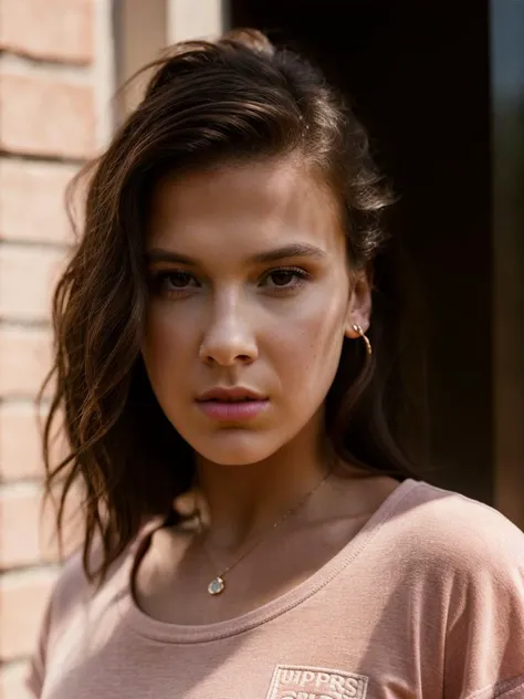 Realistic photo of a beautiful M1ll13bb-v1 woman, 1girl, solo, long hair, brown hair, shirt, brown eyes, upper body, medium hair, lips, looking to the side, window, traditional media, pink shirt, realistic, brick wallt, soft lighting, professional Photography, Photorealistic, detailed, RAW, analog, sharp focus, 8k, HD, high quality, masterpiece<lora:M1ll13bb-v1:1.0>