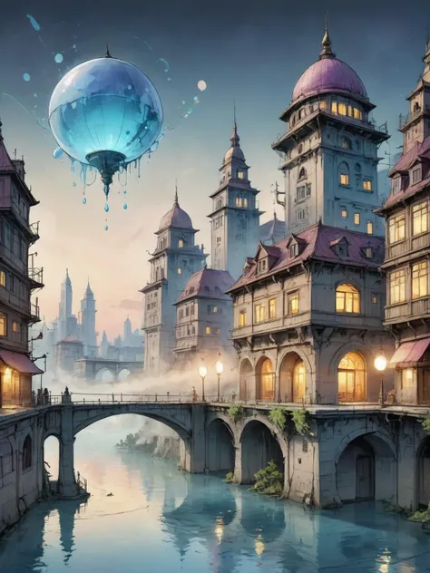 on parchment, Illustrate a cityscape at twilight, blending modern buildings with fantastical elements like floating islands and ethereal lights, paint splashes, out run, <lora:ParchartXL-2.0:1.4>, (masterpiece:1.2), best quality, (hyperdetailed, highest detailed:1.2), high resolution textures