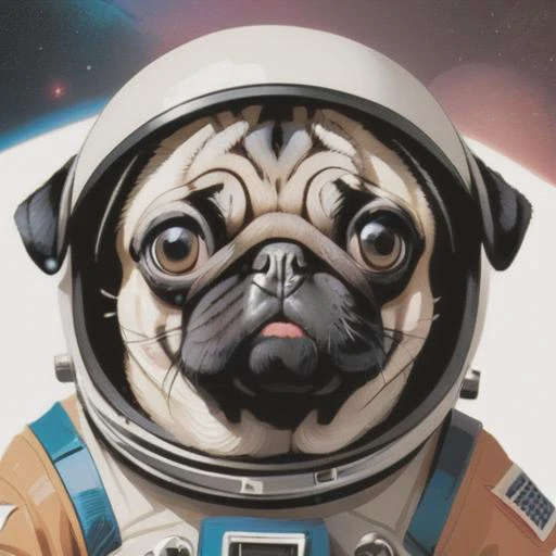 pug in space with astronaut helmet