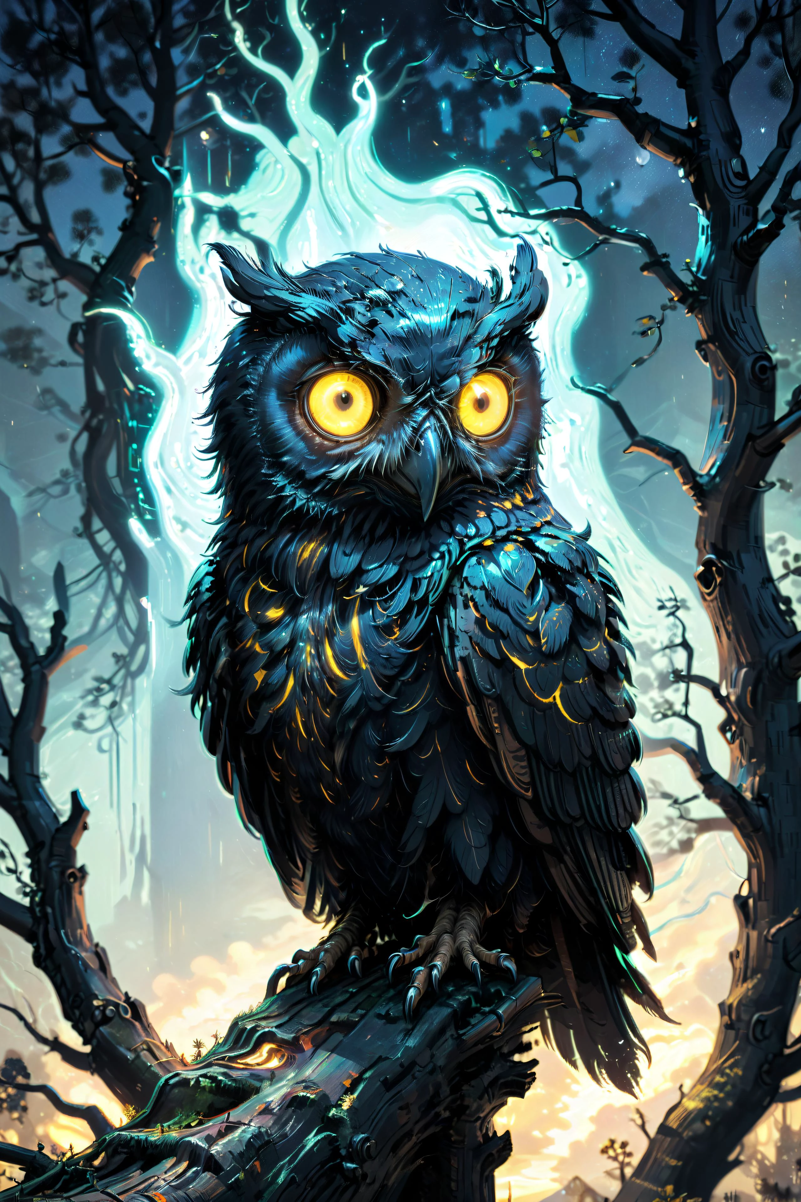 black owl looking at viewer with glowing eyes from a crooked dead tree in the distance, dark bioluminescent aura, in the style of Vincent van Gogh, in the style of Beeple, dark night, <lora:xl_more_art-full_v1:1> <lora:Bio-Luminescence:1>, (masterpiece:1.2), best quality, (hyperdetailed, highest detailed:1.2), high resolution textures, <lora:EnvyBetterHiresFixXL01:1>