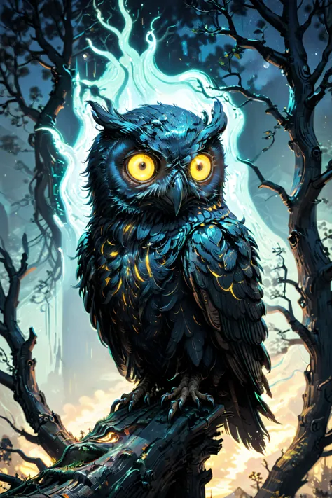 black owl looking at viewer with glowing eyes from a crooked dead tree in the distance, dark bioluminescent aura, in the style of Vincent van Gogh, in the style of  Beeple, dark night, <lora:xl_more_art-full_v1:1> <lora:Bio-Luminescence:1>, (masterpiece:1.2), best quality, (hyperdetailed, highest detailed:1.2), high resolution textures, <lora:EnvyBetterHiresFixXL01:1>