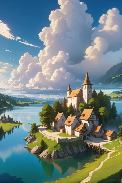 A beautiful rendition of a small medieval village near a lake, (cumulus clouds:1.79), dramatic composition, cinematic, concept art, golden ratio, matte painting, Marc Simonetti, Sergey Vasnev, Anato Finnstark, artstation, 8k, high resolution, (masterpiece:1.2), best quality