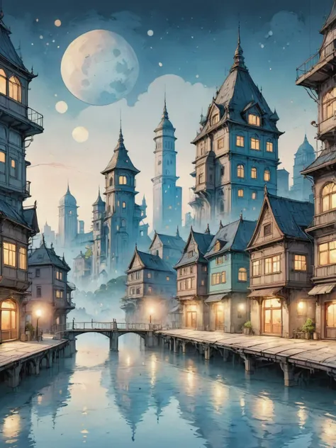 on parchment, Illustrate a cityscape at twilight, blending modern buildings with fantastical elements like floating islands and ethereal lights, paint splashes, out run, <lora:ParchartXL-2.0:1.4>, (masterpiece:1.2), best quality, (hyperdetailed, highest detailed:1.2), high resolution textures