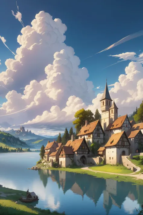 A beautiful rendition of a small medieval village near a lake, (cumulus clouds:1.79), dramatic composition, cinematic, concept art, golden ratio, matte painting, Marc Simonetti, Sergey Vasnev, Anato Finnstark, artstation, 8k, high resolution, (masterpiece:1.2), best quality