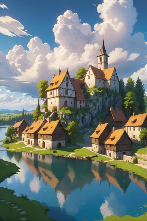 A beautiful rendition of a small medieval village near a lake, (cumulus clouds:1.79), dramatic composition, cinematic, concept art, golden ratio, matte painting, Marc Simonetti, Sergey Vasnev, Anato Finnstark, artstation, 8k, high resolution, (masterpiece:1.2), best quality