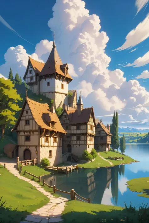 A beautiful rendition of a small medieval village near a lake, (cumulus clouds:1.79), dramatic composition, cinematic, concept art, golden ratio, matte painting, Marc Simonetti, Sergey Vasnev, Anato Finnstark, artstation, 8k, high resolution, (masterpiece:1.2), best quality