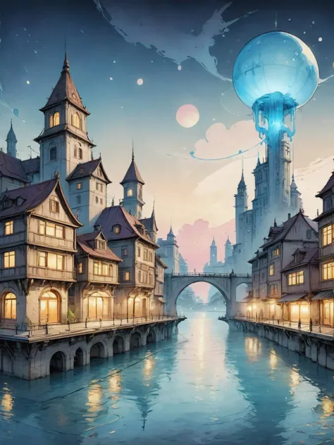 on parchment, Illustrate a cityscape at twilight, blending modern buildings with fantastical elements like floating islands and ethereal lights, paint splashes, out run, <lora:ParchartXL-2.0:1.4>, (masterpiece:1.2), best quality, (hyperdetailed, highest detailed:1.2), high resolution textures