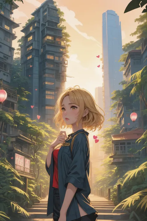2010s anime style digital painting<lora:EnvySendNoodzXL01:-1>, 1girl, woman, beautiful, golden hour, architecture, Valentine's Day Hong Kong in a Temperate Rainforest<lora:quality1:0:hr=0>