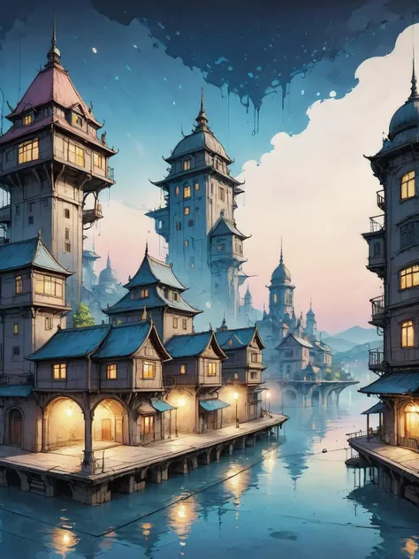 on parchment, Illustrate a cityscape at twilight, blending modern buildings with fantastical elements like floating islands and ethereal lights, paint splashes, out run, <lora:ParchartXL-2.0:1.4>, (masterpiece:1.2), best quality, (hyperdetailed, highest detailed:1.2), high resolution textures