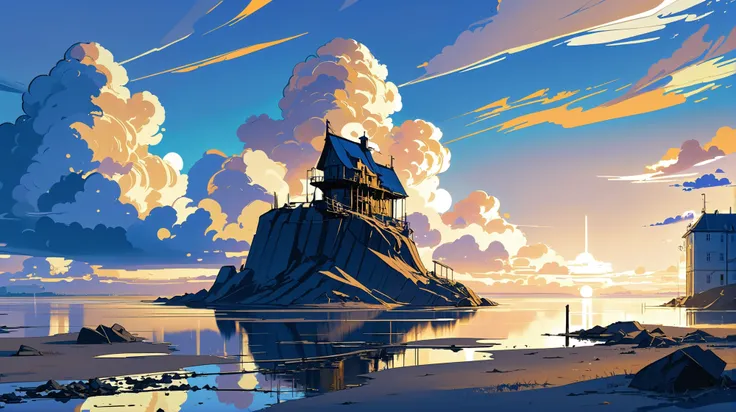 stylized anime digital painting, Cryptic golden hour, blue sky, clouds, scenery, in a Baltic Violence Tumblr Tidal Lock Frontier