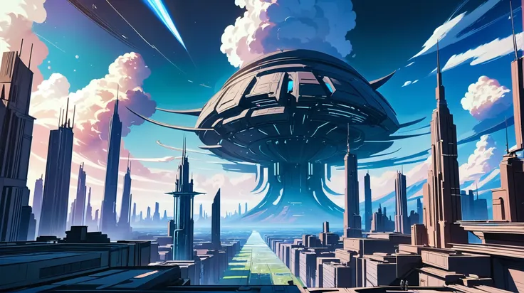 stylized anime digital painting, gargantuan scifi sky city beyond the end of reality