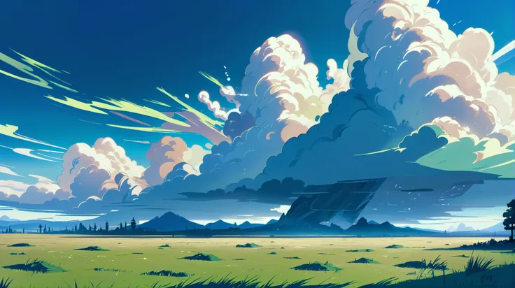 stylized anime digital painting, forbidden noon, blue sky, clouds, scenery, in a Paramilitary Temperate Grassland