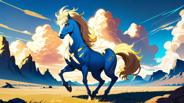 stylized anime digital painting, Futuristic golden hour, blue sky, clouds, scenery, in a Centaur Plains