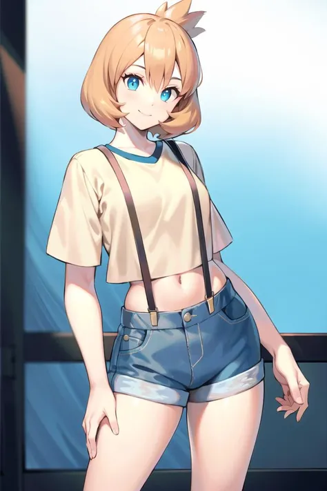 best quality, masterpiece, <lora:mistygen2-10:0.9>, mistymature, 1girl, solo, light smile, looking at viewer, denim shorts, crop top, yellow shirt, suspenders,