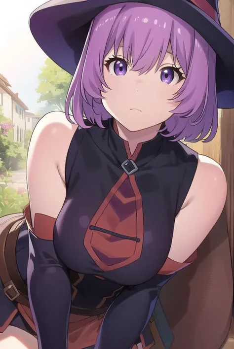 grimgarshihoru, <lyco:shihoru-lyco-nochekaiser:1>, 
shihoru, short hair, purple hair, (purple eyes:1.1),
BREAK skirt, thighhighs, gloves, hat, bare shoulders, purple hair, detached sleeves, witch hat,
BREAK looking at viewer,
BREAK outdoors,
BREAK <lyco:GoodHands-beta2:1>, (masterpiece:1.2), best quality, high resolution, unity 8k wallpaper, (illustration:0.8), (beautiful detailed eyes:1.6), extremely detailed face, perfect lighting, extremely detailed CG, (perfect hands, perfect anatomy),