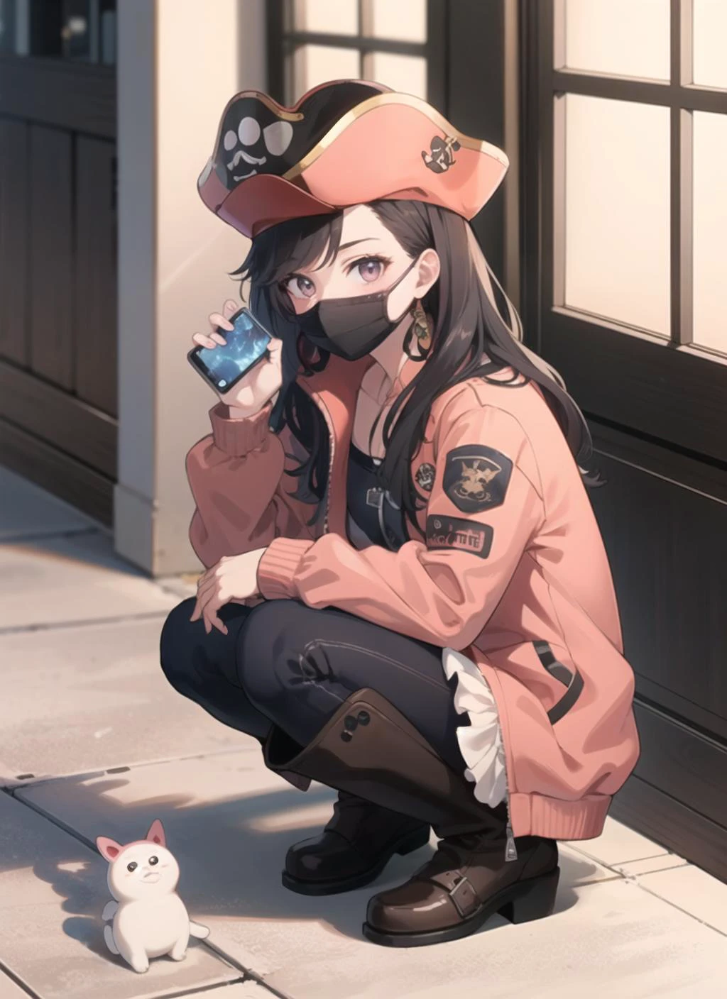 1girl,(pink pirate,pirate hat,jacket:1),boots,harajuku, jiraikei,gyaru,face mask,phone,v,squatting,street, (masterpiece, high quality:1.2),looking looking at viewer,rolling_door,toy